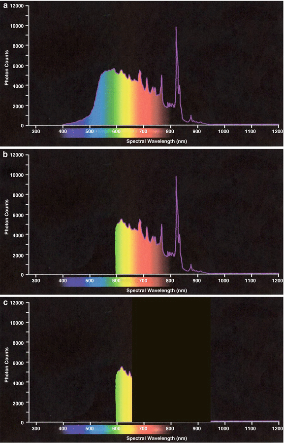 IPL output spectra: (a) general output spectrum, (b) with a single 570 nm cut filter, (c) with a band-pass filter that further limits the output spectrum