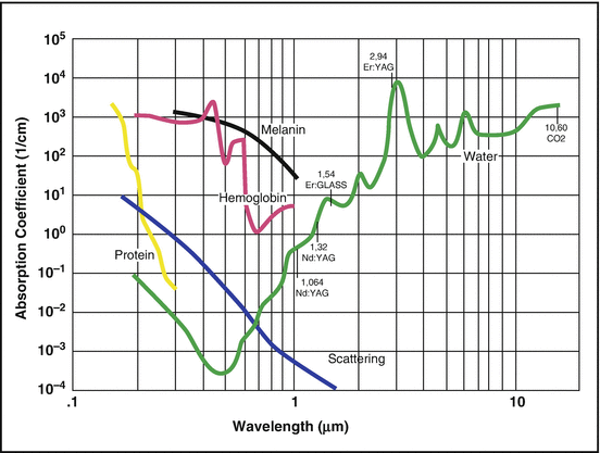 Absorption coefficient curves of melanin, hemoglobin and water as a function of wavelength, with common laser systems marked